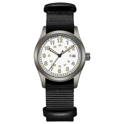 Josie Field Watch in White Black, white dial on a black nylon strap