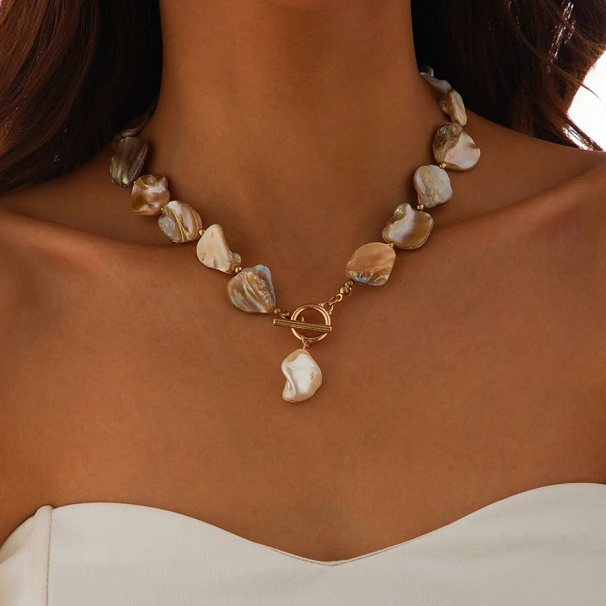 Nacre champagne shell choker on-model