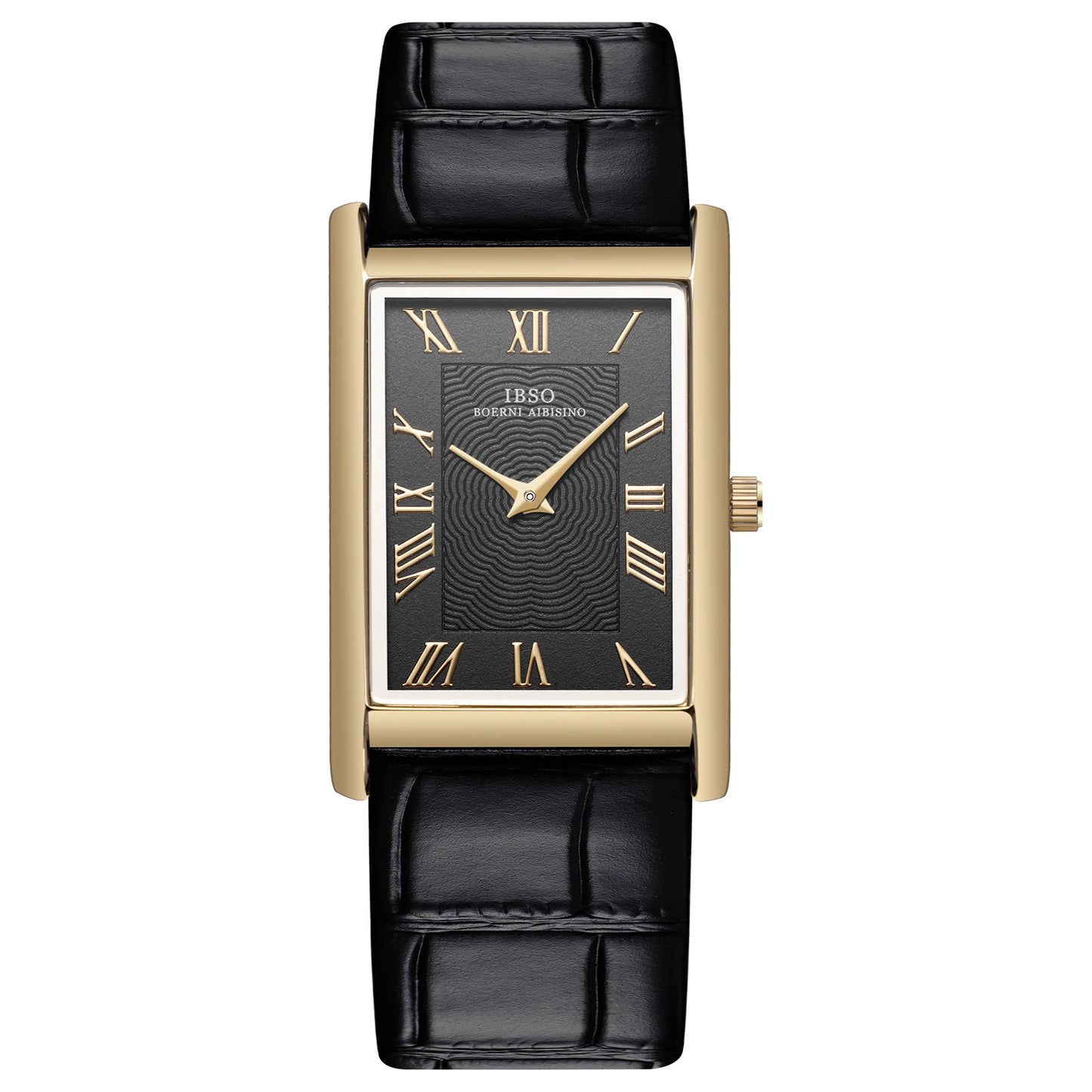 Carlyle rectangular dress watch, gold-tone case with black dial on a black leather strap
