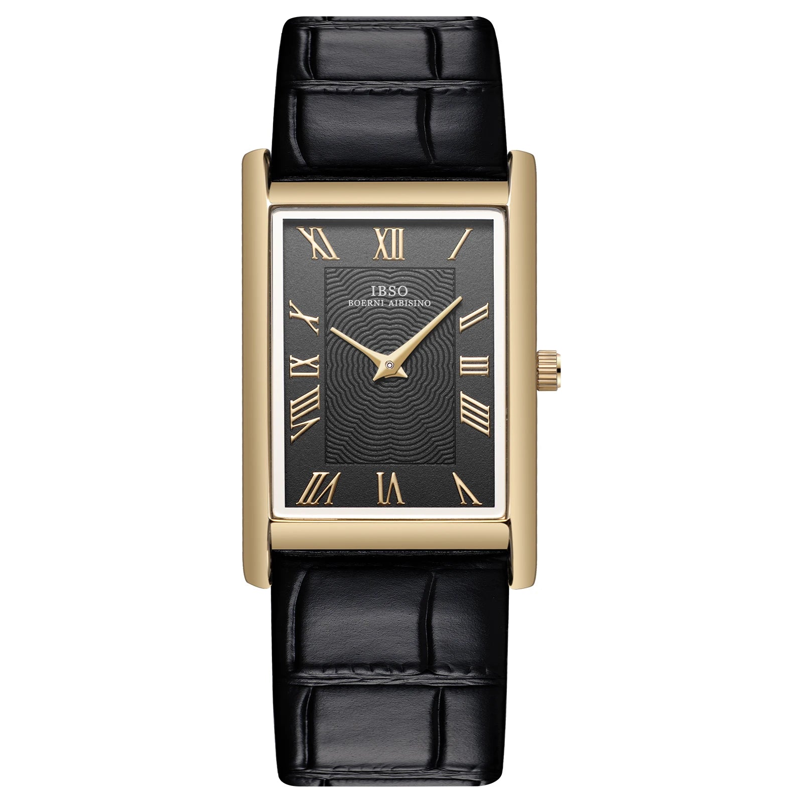 Carlyle rectangular dress watch, gold-tone case with black dial on a black leather strap