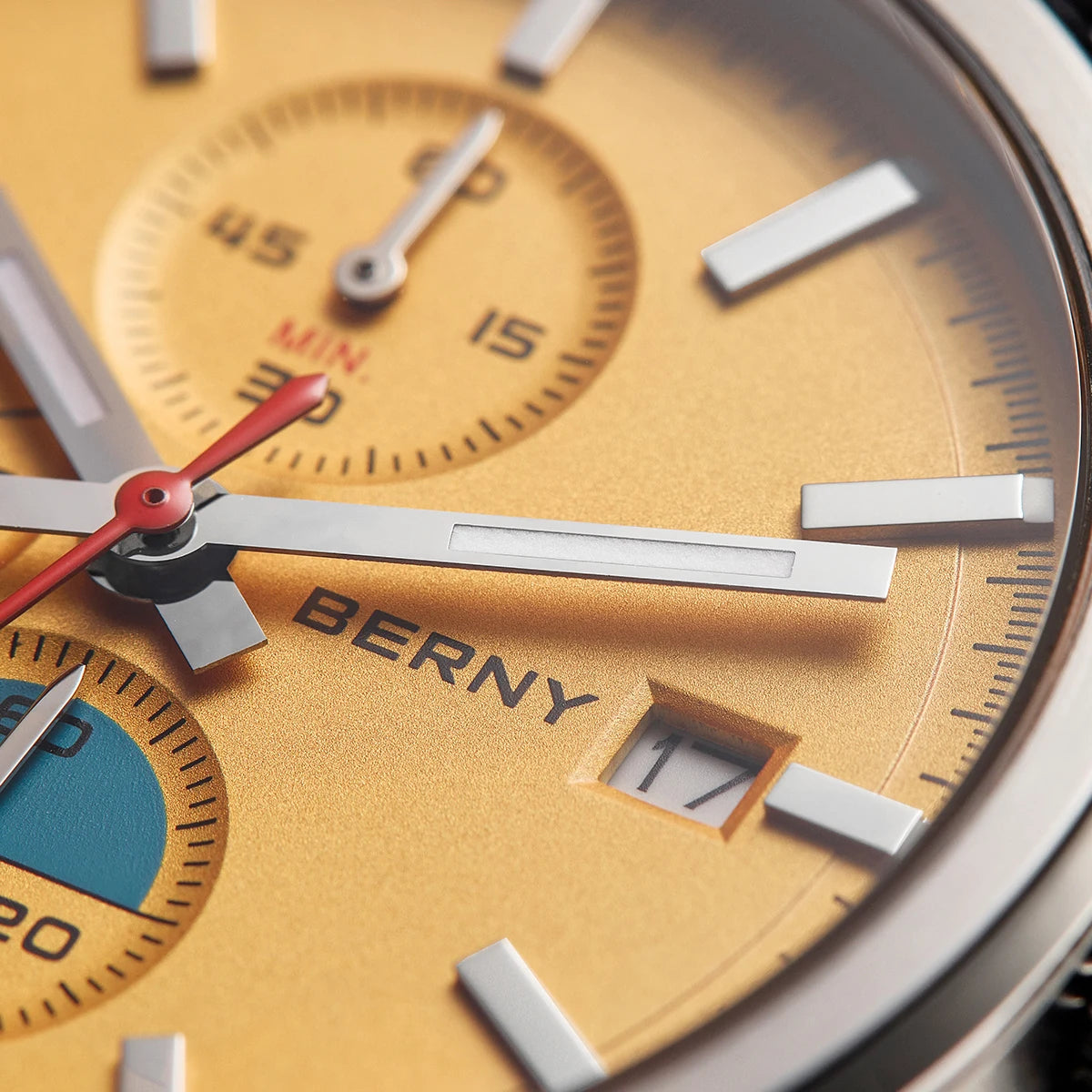 Close-up of the Kestrel chronograph dial and applied indexes
