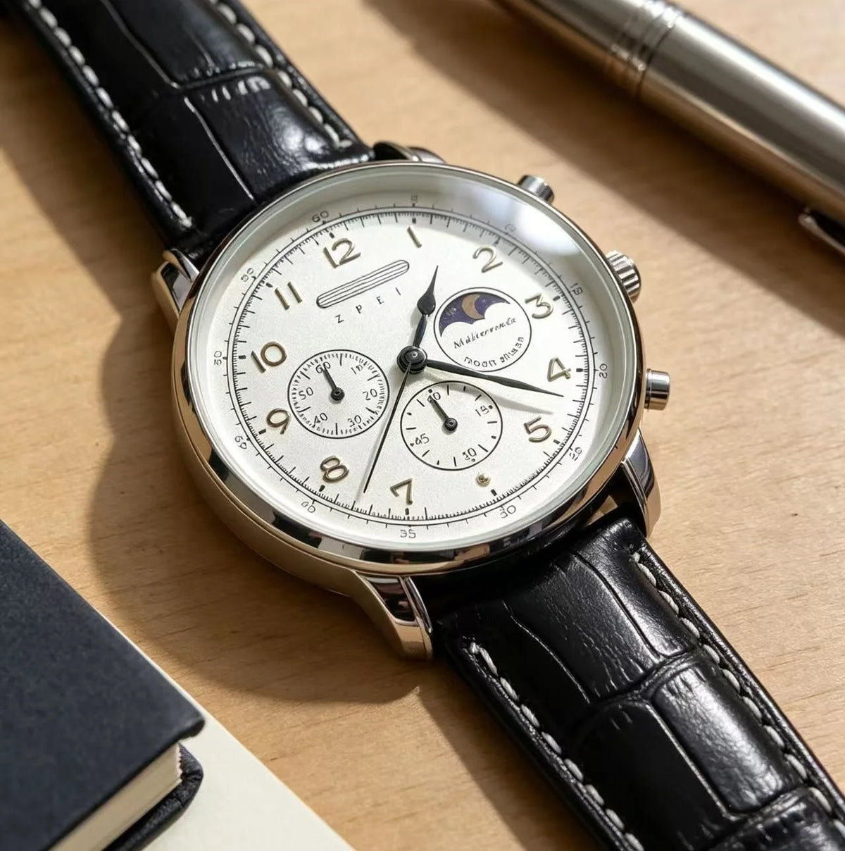 Moonphase watch with black leather strap flat lay on a desk