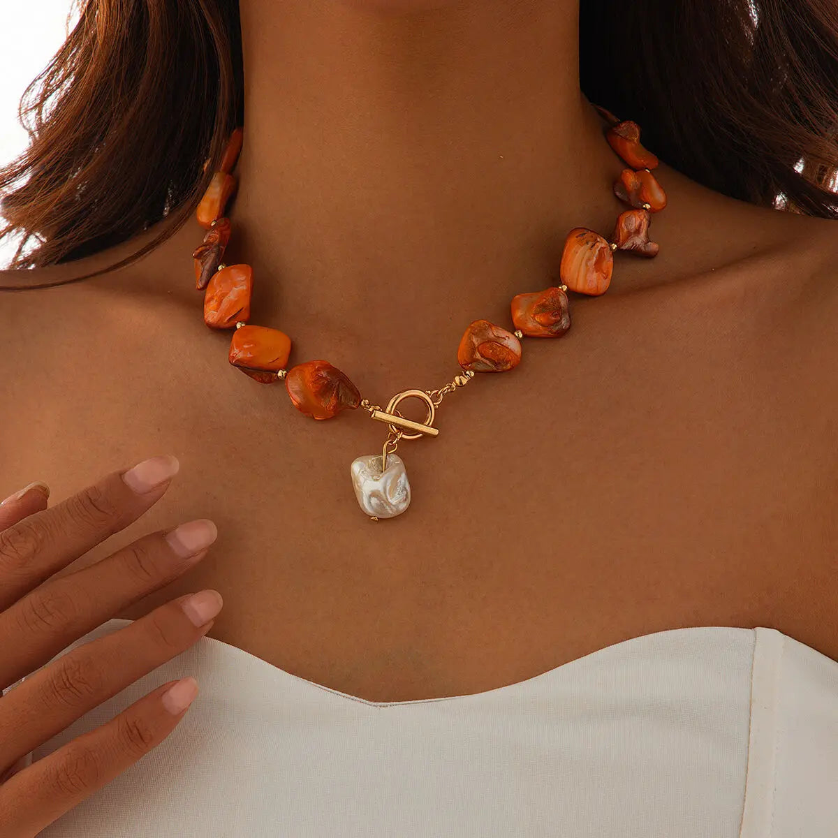 Nacre amber baroque shell choker on-model