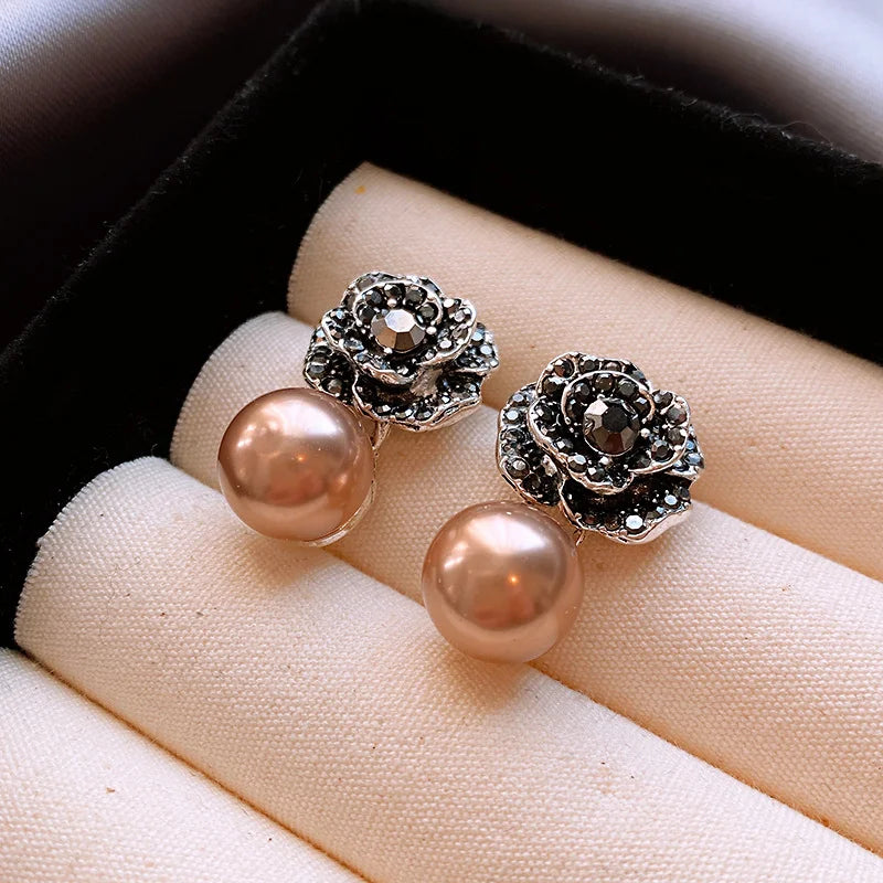 Blush Pearl black rose drop earrings
