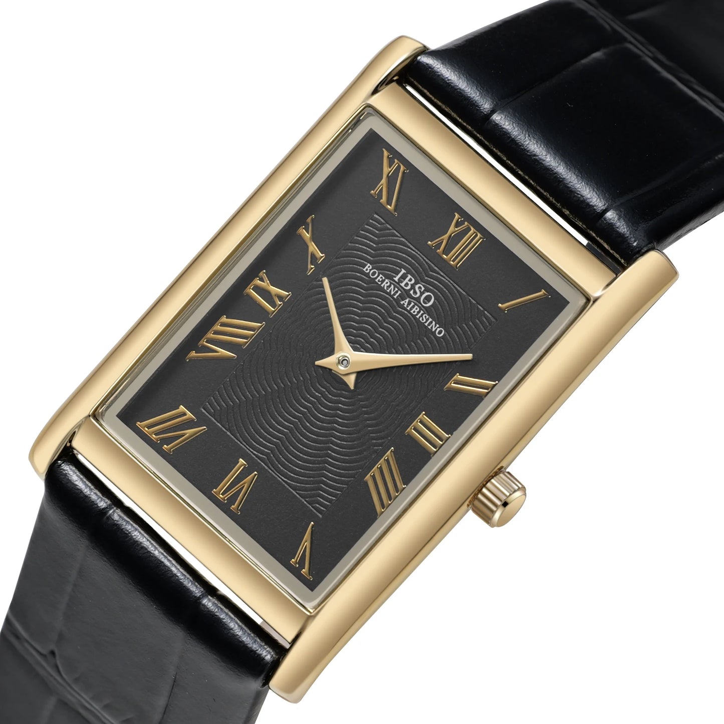 Carlyle rectangular dress watch, angled view of the gold-tone case and black textured dial