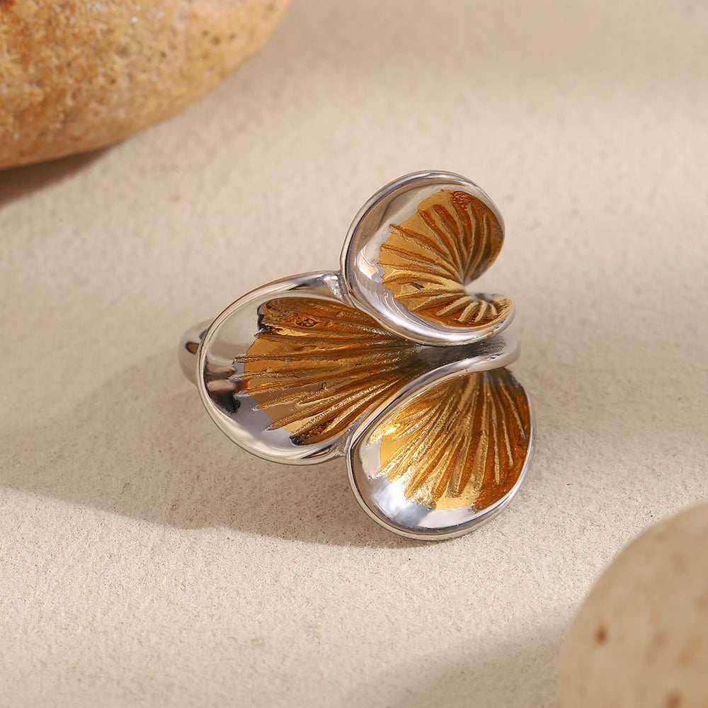 Flora Petal Cocktail Ring in silver and 18k gold PVD, styled with natural stone