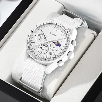 Nolan Moonphase Nylon Watch in white, boxed