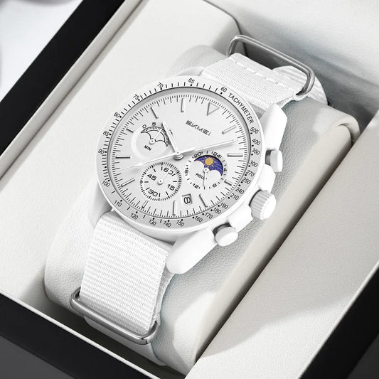 Nolan Moonphase Nylon Watch in white, boxed