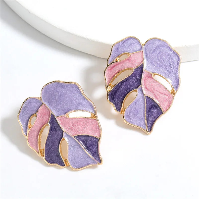 Monstera purple leaf stud earrings