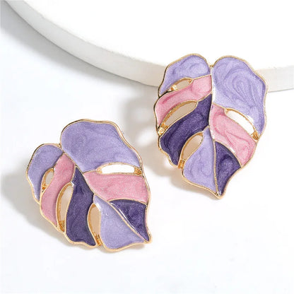 Monstera purple leaf stud earrings