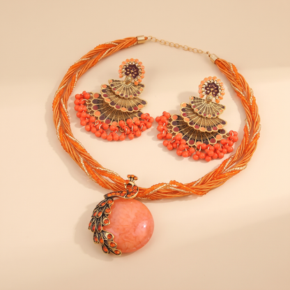 Alba-Beaded-Peacock-Jewelry-Set Coral Orange — flatlay 3