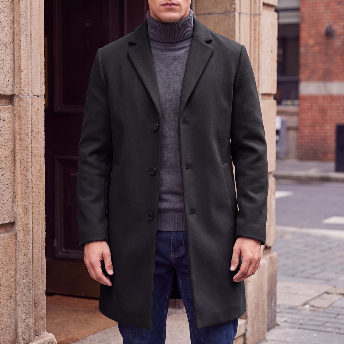 Alton Single-Breasted Coat — Black model 1