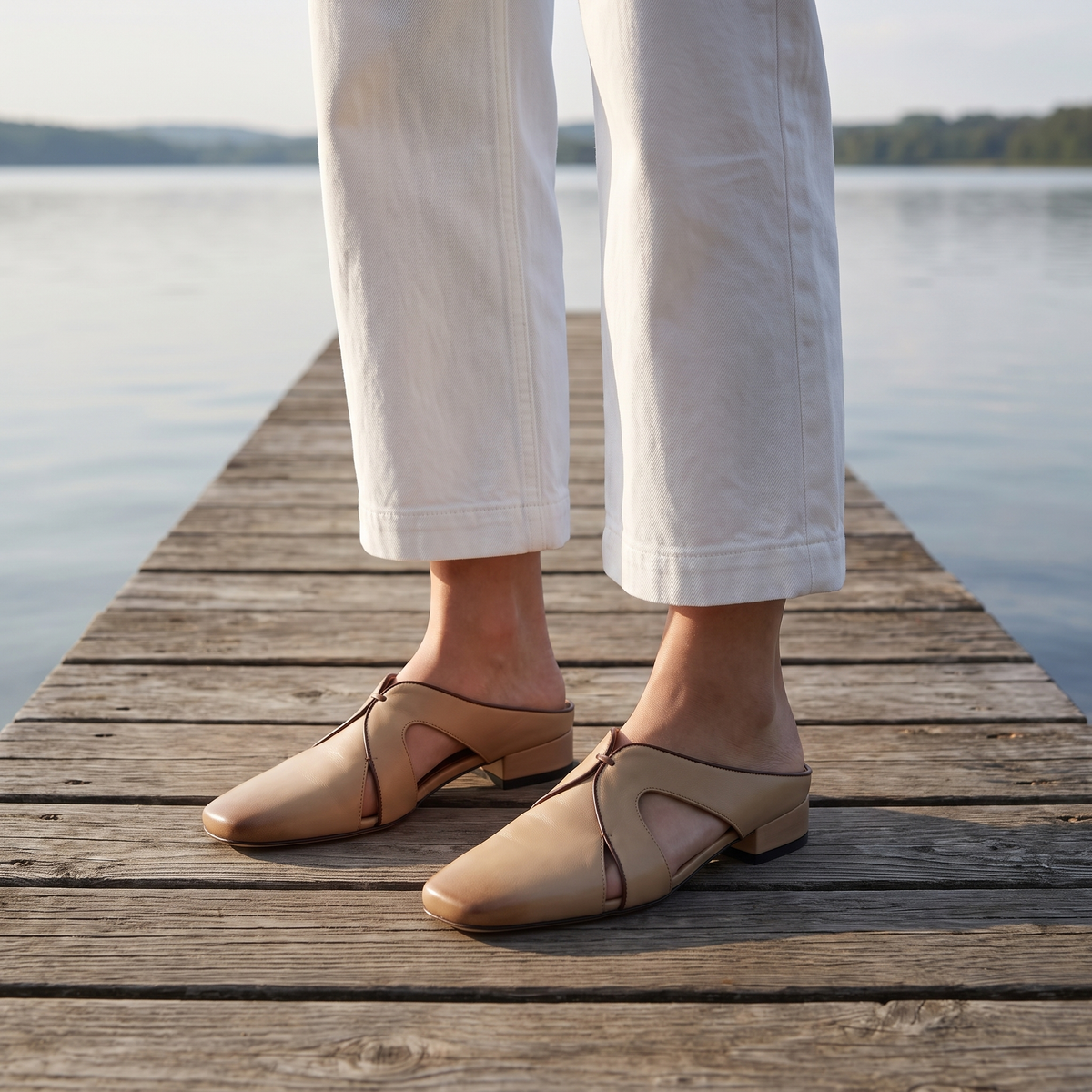 Arden Leather Cutout Mules Beige — on model