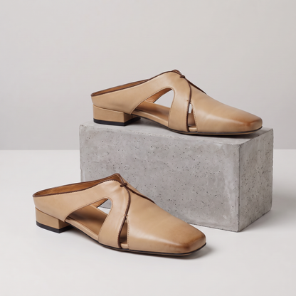 Arden Leather Cutout Mules Beige — studio