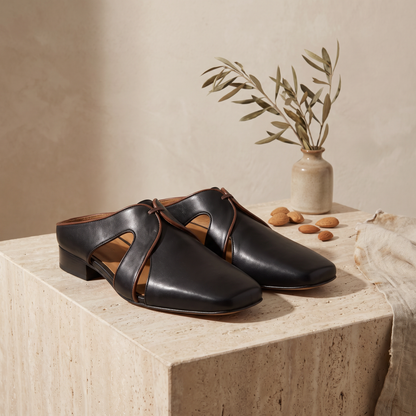 Arden Leather Cutout Mules Black — flatlay 1