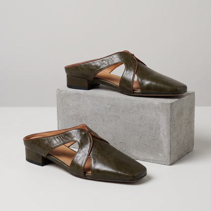 Arden Leather Cutout Mules Olive — studio