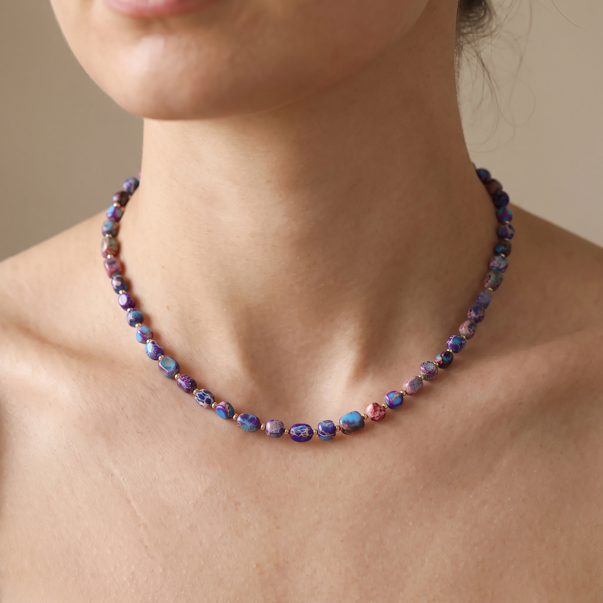 Aria-Stone-Beaded-Necklace Purple Blue — on model