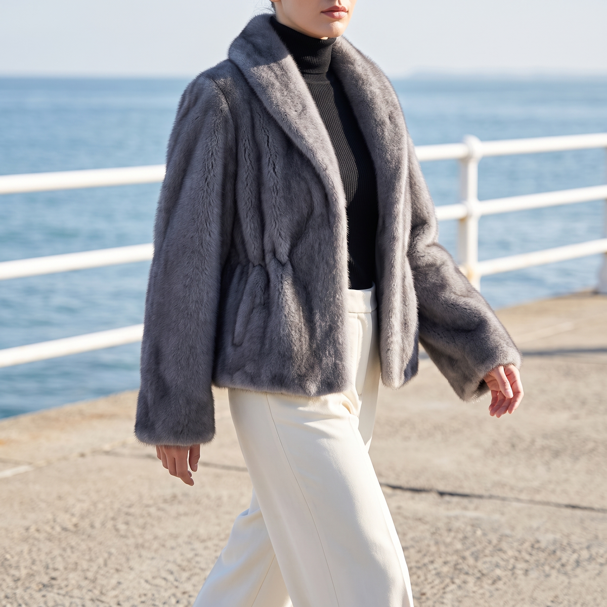 Aurora Faux Mink Coat Grey — on model