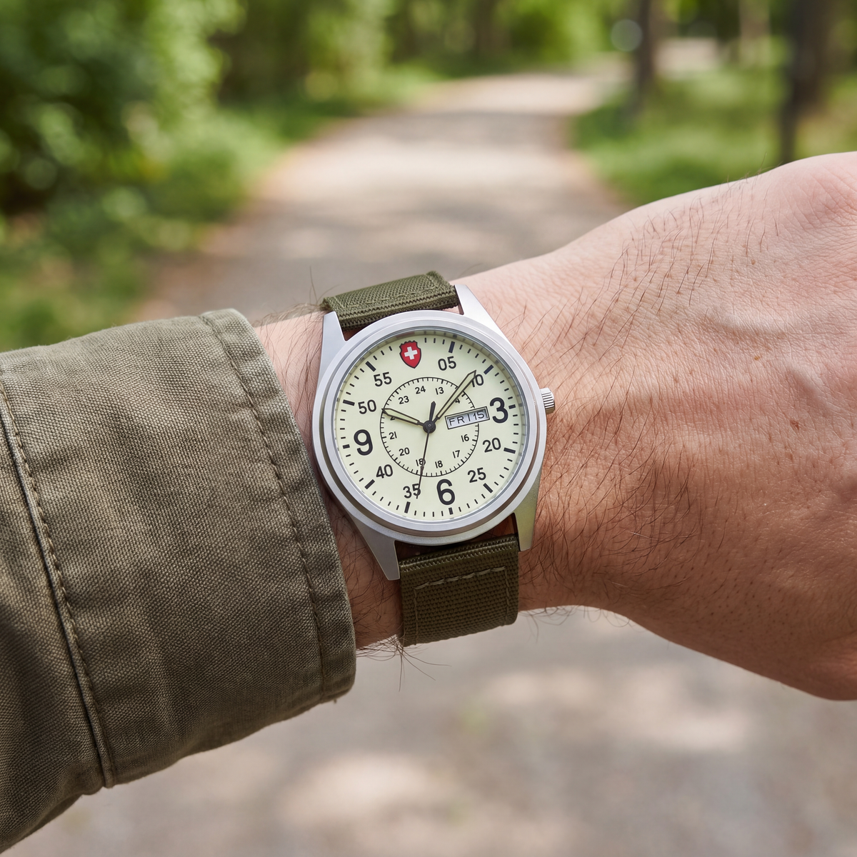 Beacon-Luminous-Field-Watch Army Green — on model