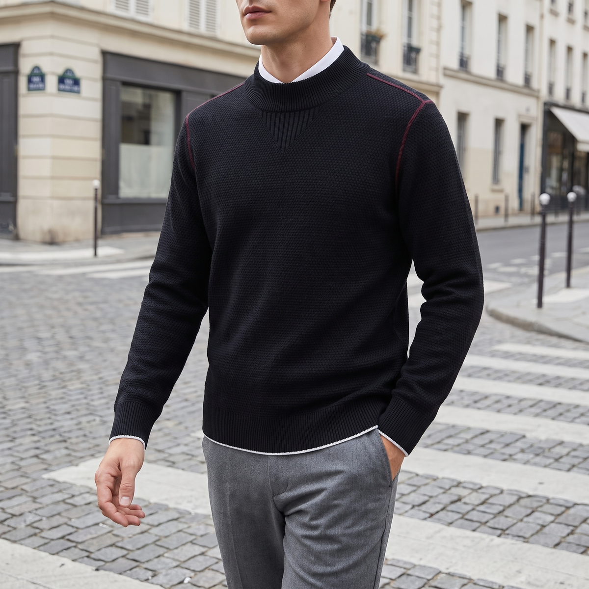 Bennett Mock Neck Sweater Black — on model