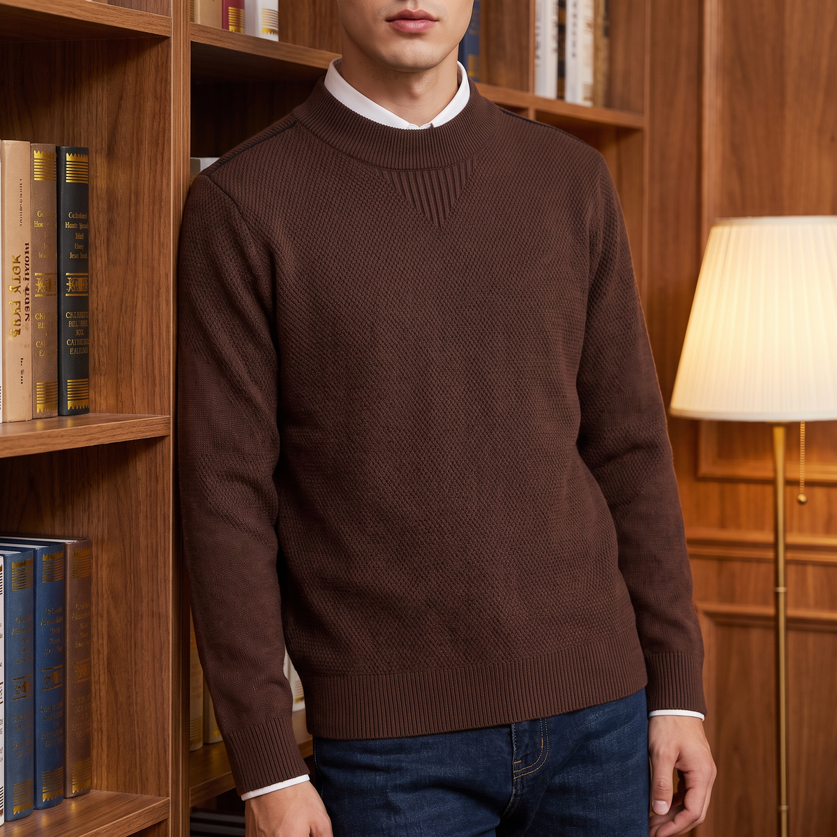 Bennett Mock Neck Sweater Brown — on model