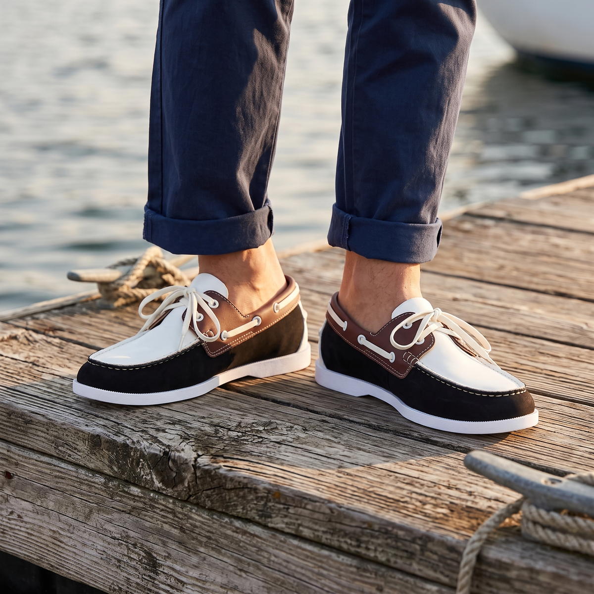 Brio Boat Shoes Black White — on model