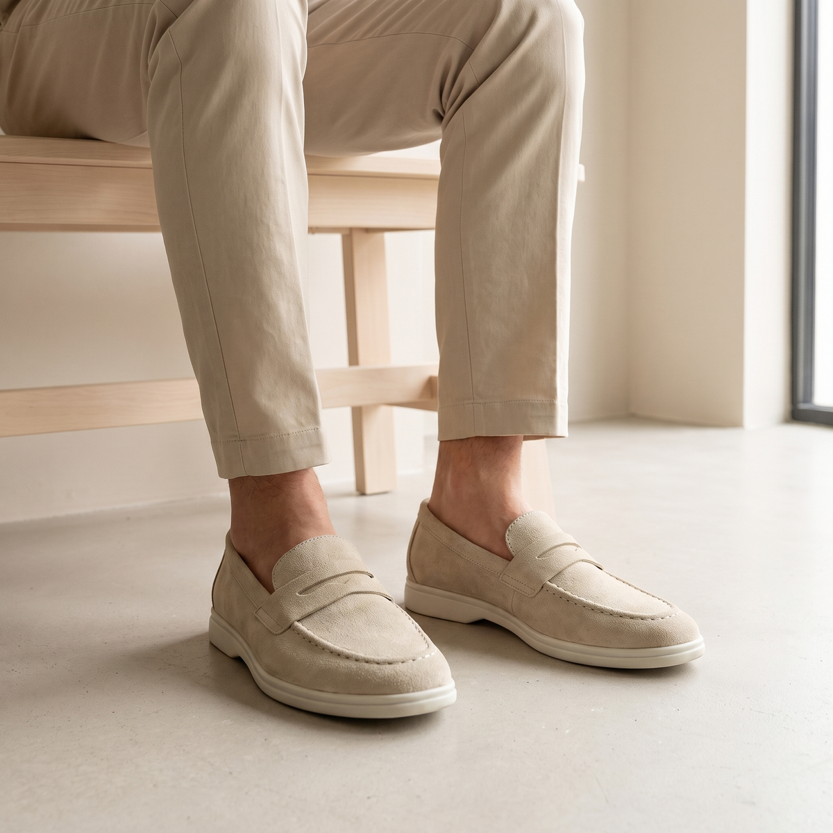 Brody Penny Loafers in Sand worn by a male model