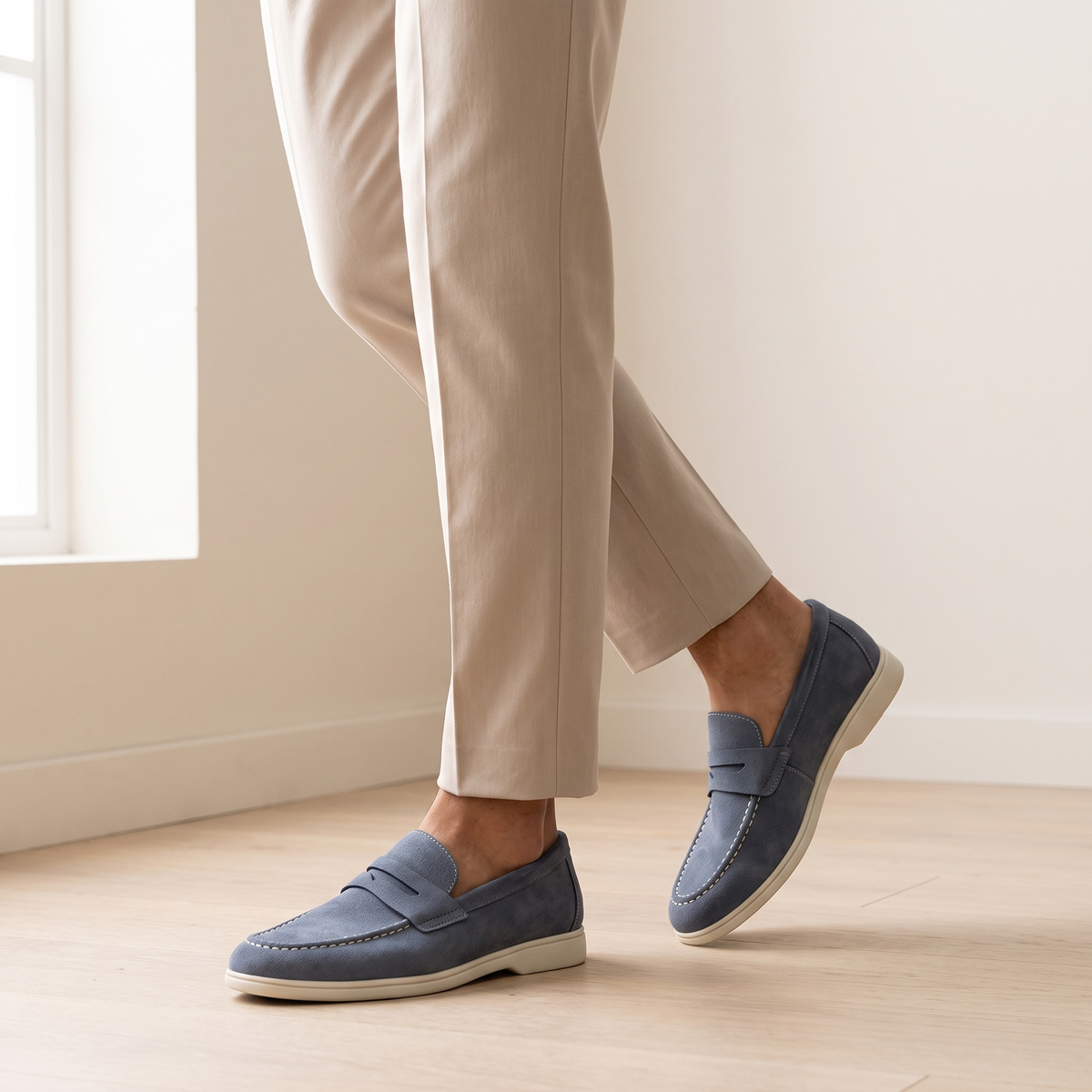 Brody Penny Loafers in Slate Blue worn by a male model