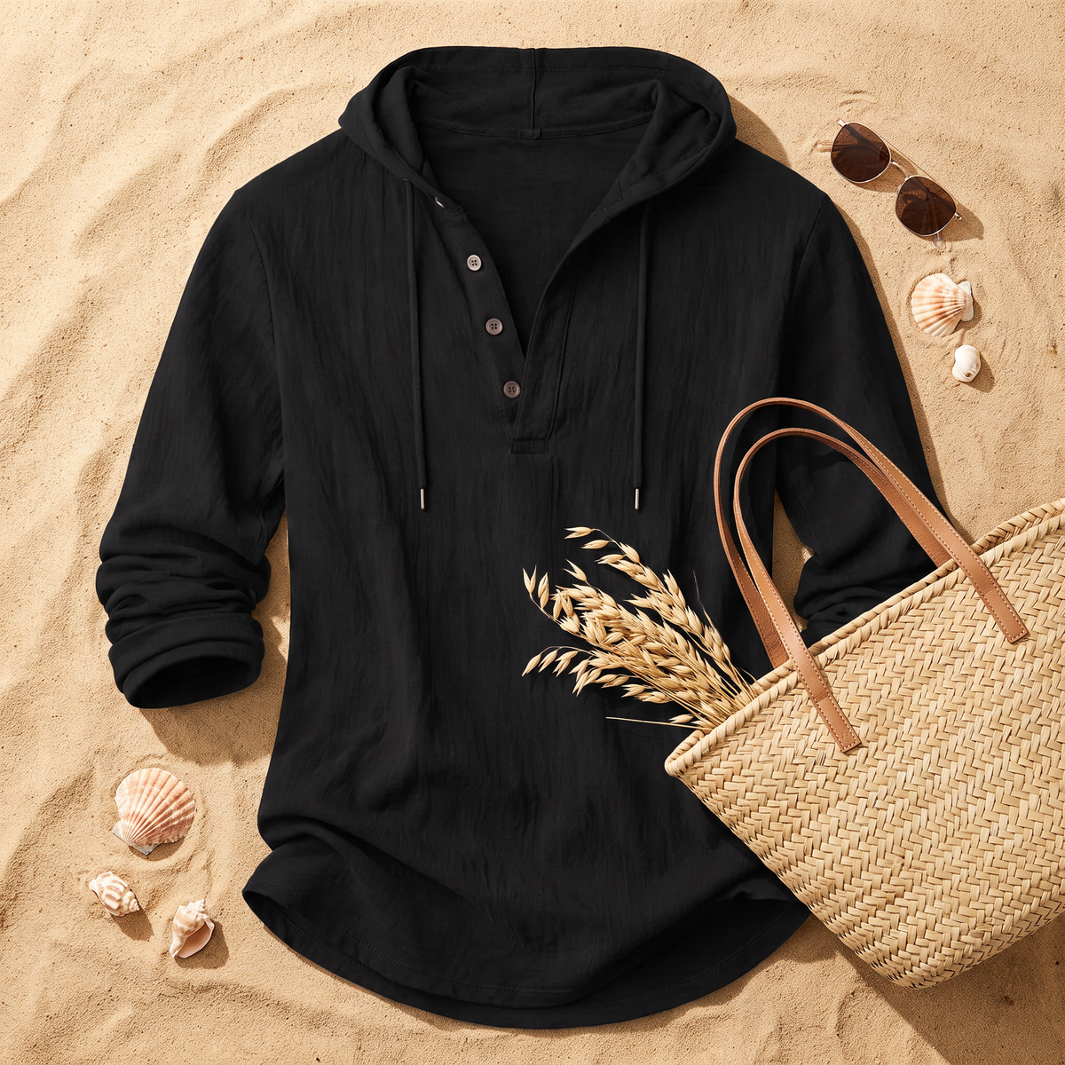 Cabo Linen Hooded Shirt Black — flatlay 2