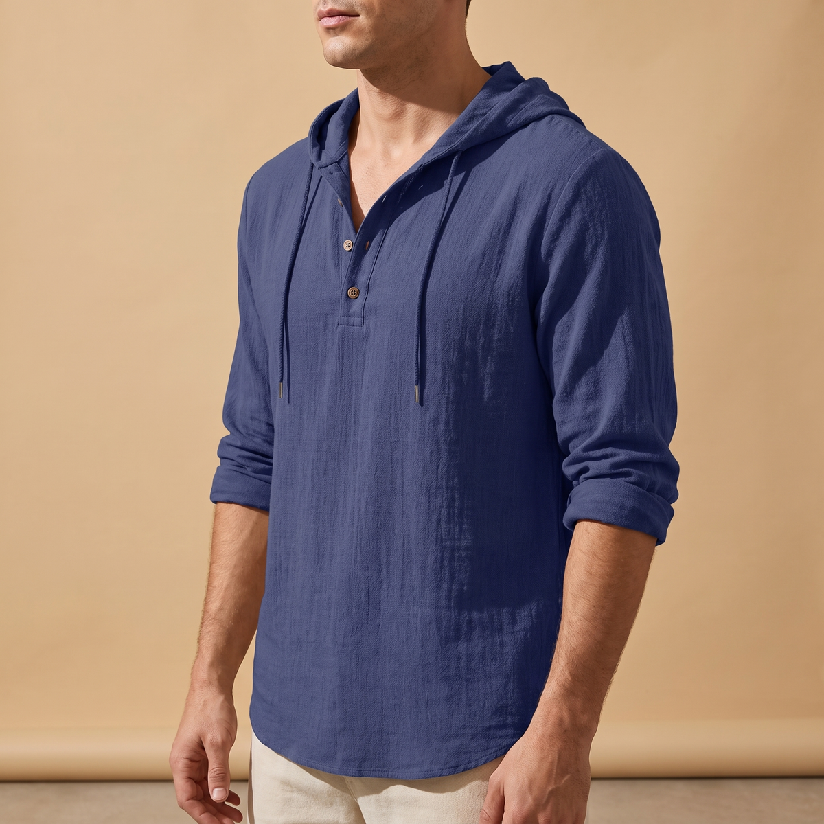 Cabo Linen Hooded Shirt Navy — on model