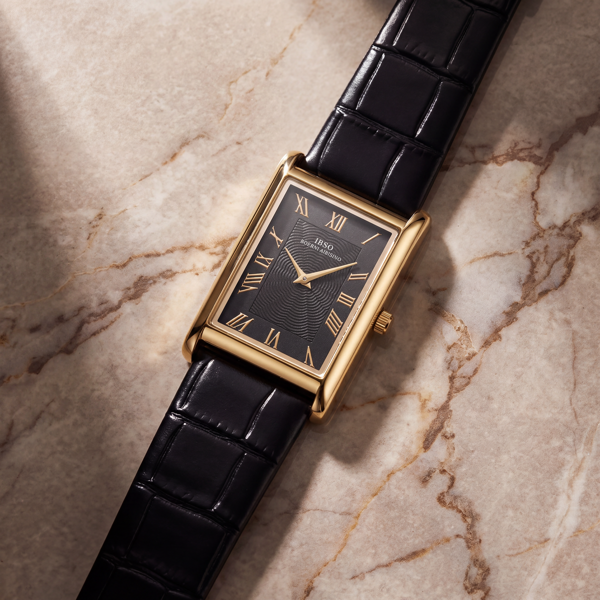 Carlyle rectangular dress watch in gold-tone on cream marble with the strap laid out flat