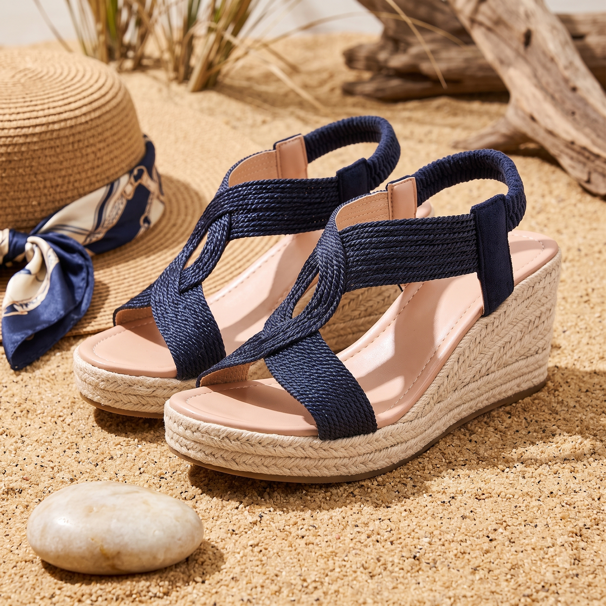 Cielo Wedge Sandals Navy — flatlay 2