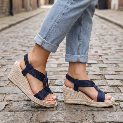 Cielo Wedge Sandals Navy — on model