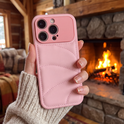 Cloud Puffer Phone Case Pink — on model