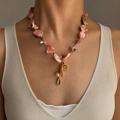 Coralie shell necklace worn on model