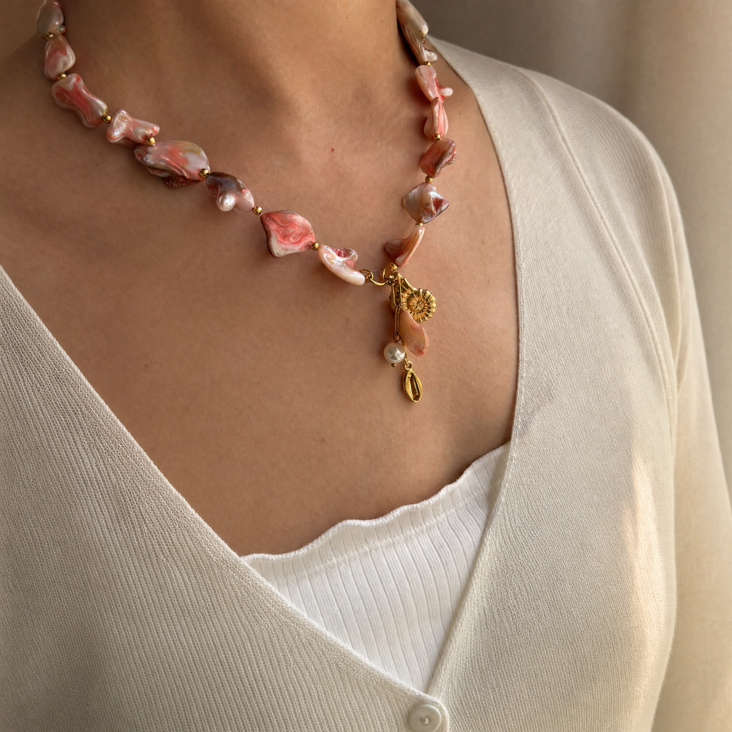 Coralie shell necklace styled on model