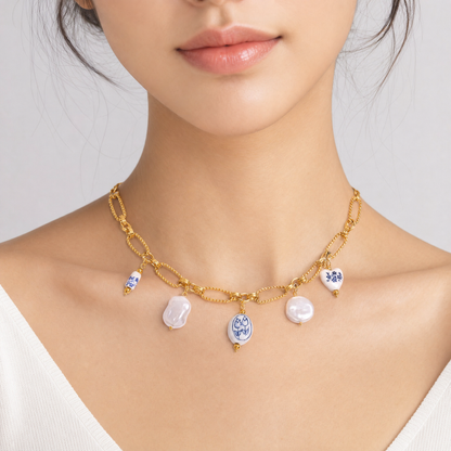 Cosima Blue Porcelain — on model