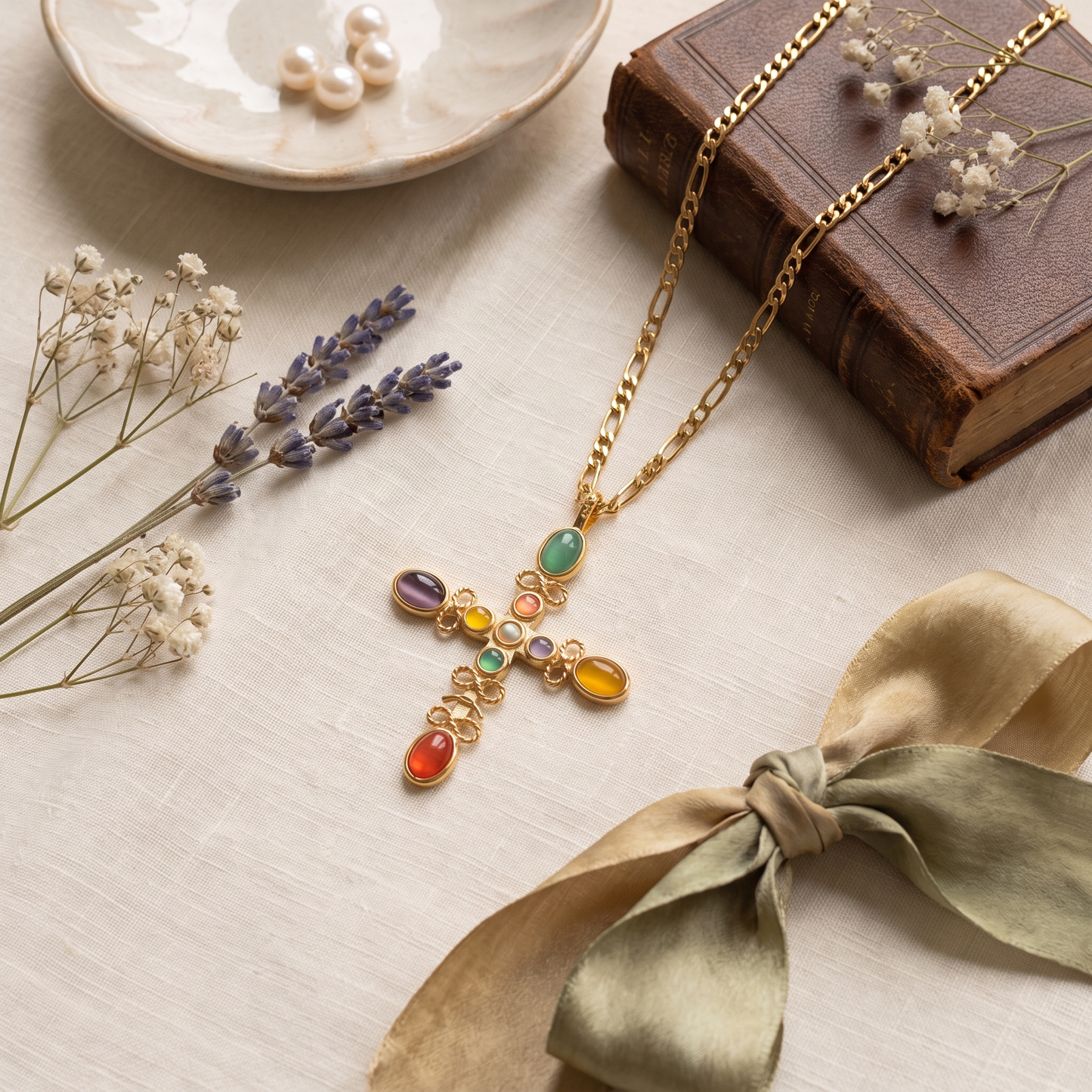Cruz-Multi-Stone-Cross-Necklace Gold Flat — flatlay 1