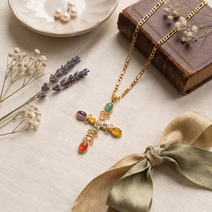 Cruz-Multi-Stone-Cross-Necklace Gold Flat — flatlay 1