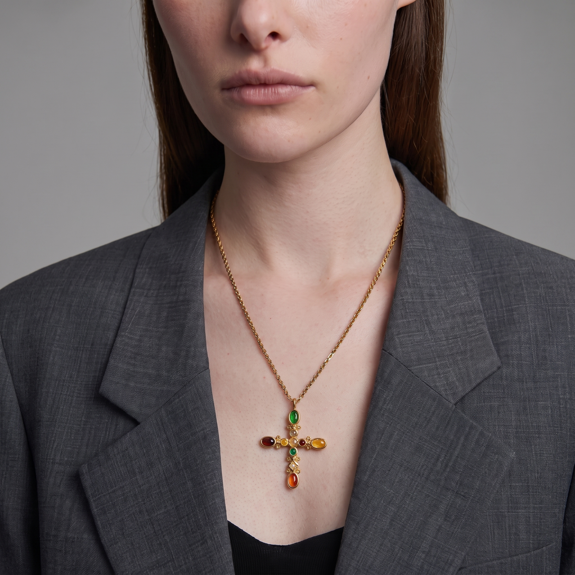 Cruz-Multi-Stone-Cross-Necklace Gold Model — on model
