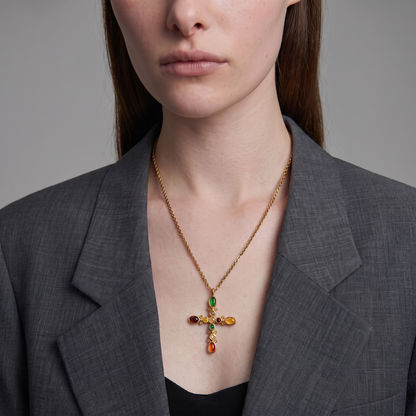 Cruz-Multi-Stone-Cross-Necklace Gold Model — on model