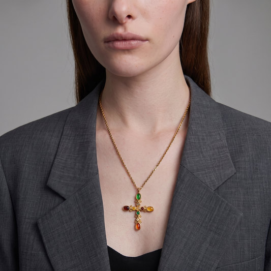 Cruz-Multi-Stone-Cross-Necklace Gold Model — on model