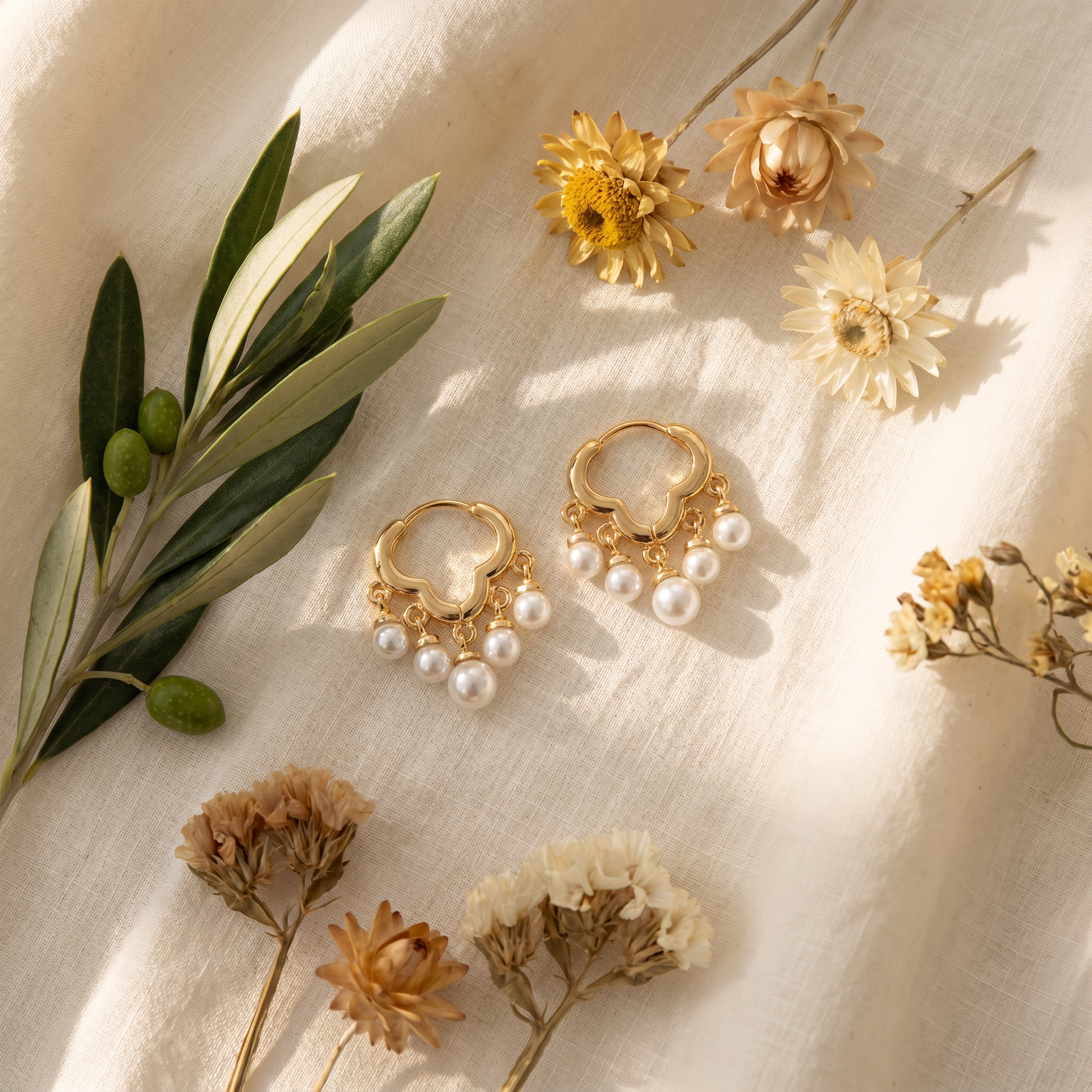 Daisy gold pearl huggie earrings flat-lay