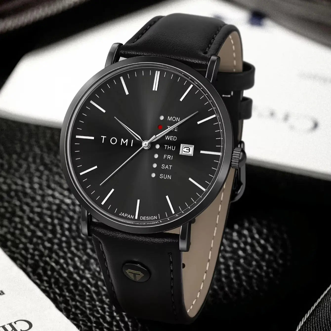 Dalton Calendar Watch in all black with black faux leather strap