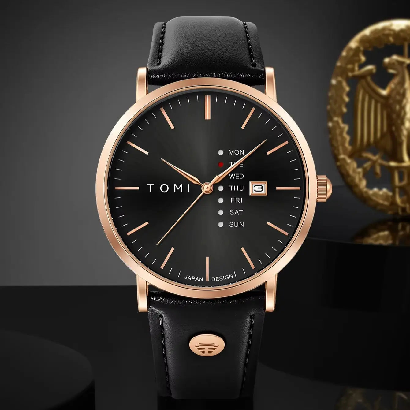 Dalton Calendar Watch in rose gold with black dial and black faux leather strap