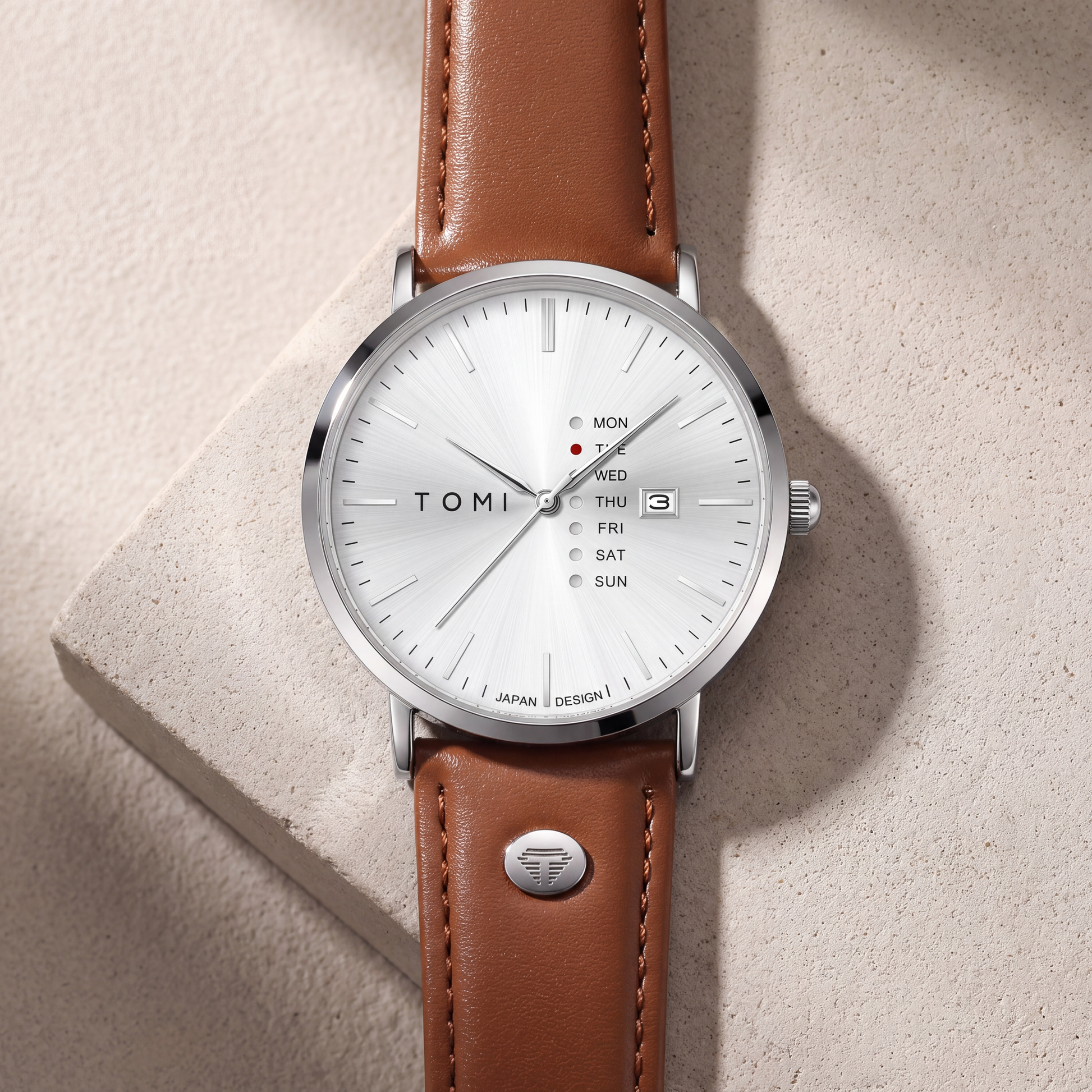 Dalton-Calendar-Watch Silver Tan — flatlay 2