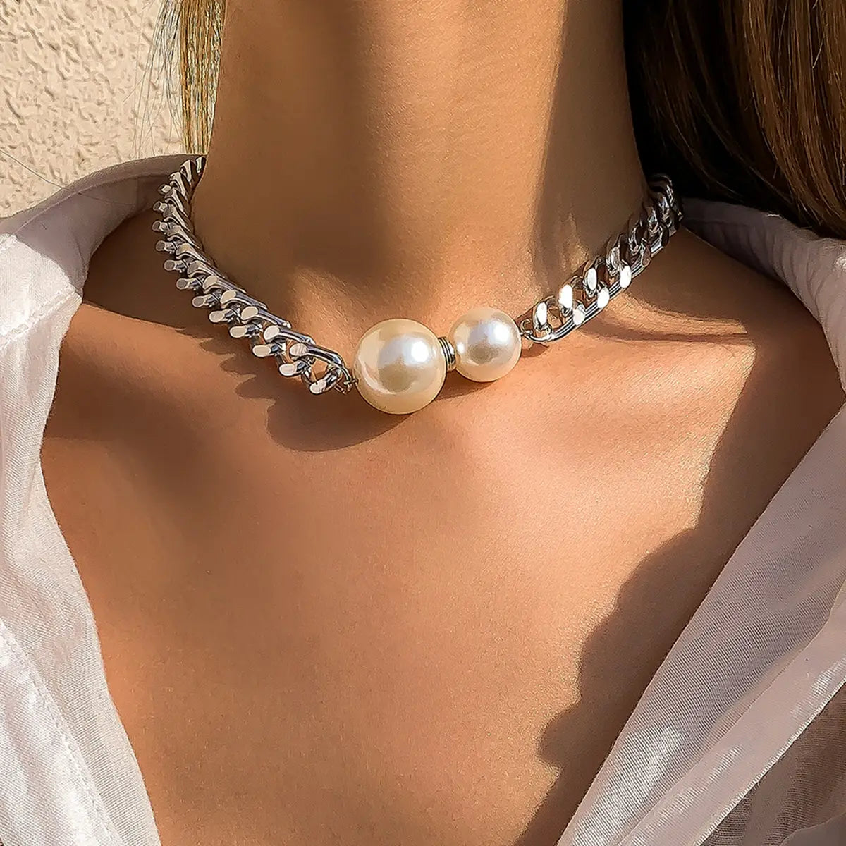 Delilah pearl Cuban-link necklace in silver, worn