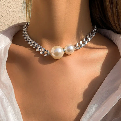 Delilah pearl Cuban-link necklace in silver, worn
