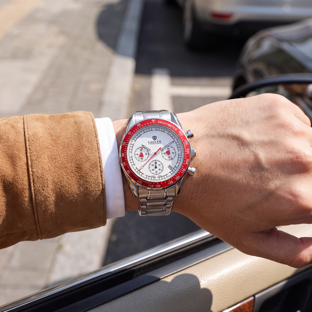 Draper Racing Chrono Watch Red Silver — on model
