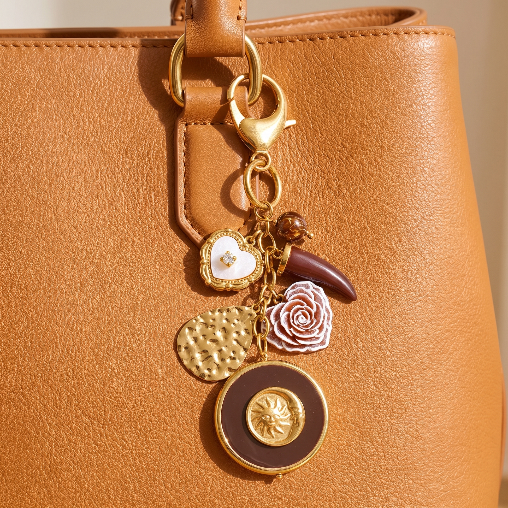 Elba-Sun-Charm-Keyring Gold Burgundy — on model